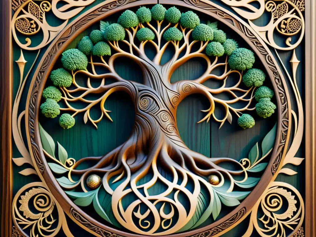 Detallado tallado en madera del Yggdrasil, el Árbol del Mundo nórdico, con raíces, ramas y criaturas míticas entrelazadas en su diseño