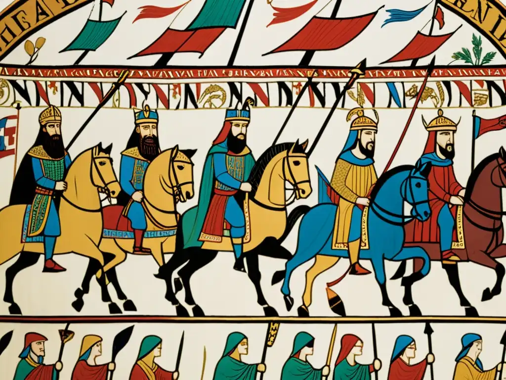 Detallado tapiz de Bayeux, destacando legado vikingo en Normandía con batallas y figuras históricas