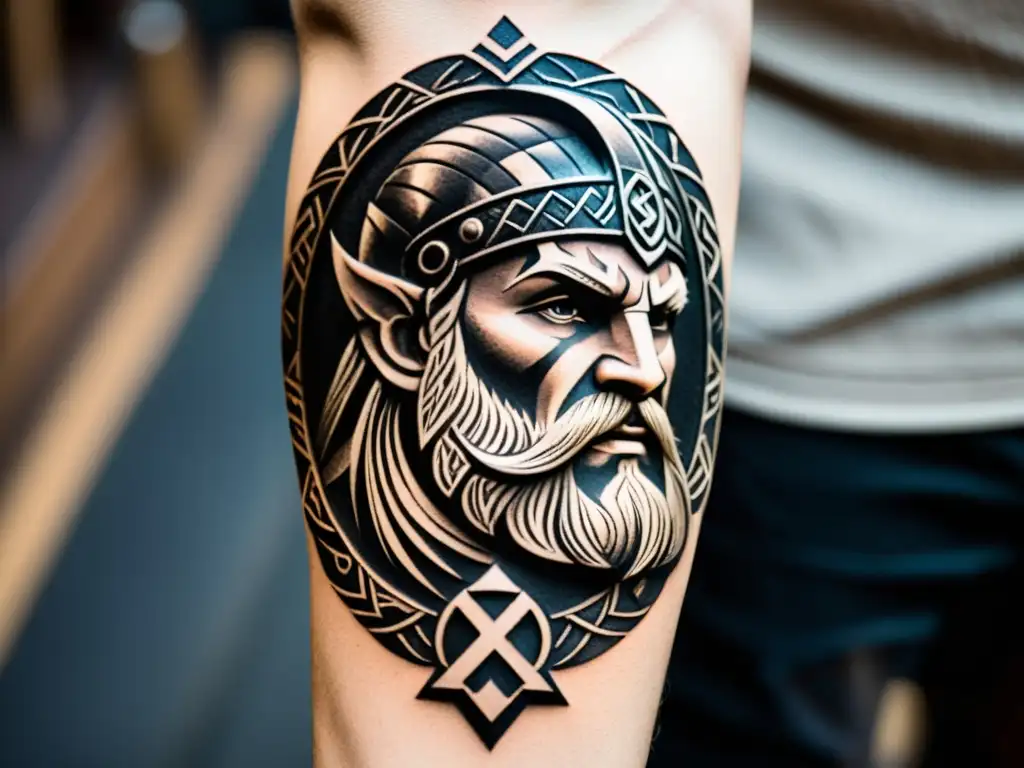 Tatuaje vikingo épico: Odin, Thor y símbolos nórdicos entrelazados Detallado tatuaje vikingo de Odin y Thor, resaltando la ritualidad de las escarificaciones