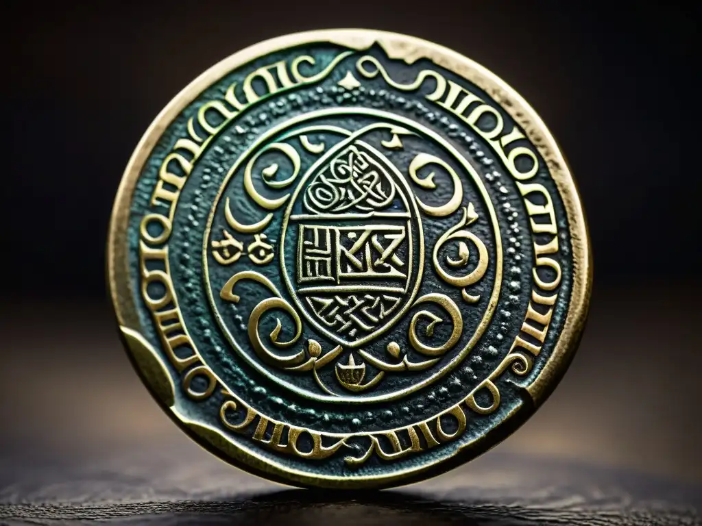 Detalle en alta resolución de una auténtica moneda vikinga, resaltando grabados, pátina y símbolos únicos