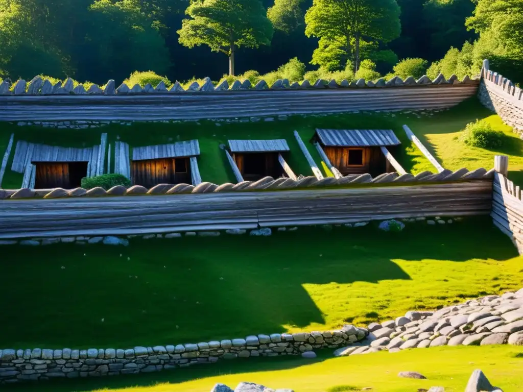 Detalle de la arquitectura vikinga en Gränsö: estructuras antiguas, piedra cubierta de musgo y detalles de madera tallada, bajo la luz del sol