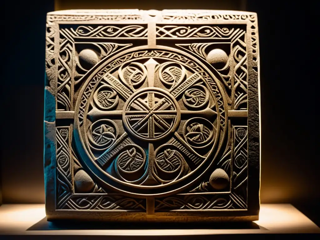 Detalle de un artefacto vikingo tallado con patrones intrincados en piedra en un museo oscuro iluminado por luz natural