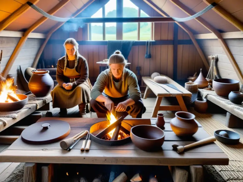 Detalle de artes domésticas vikingas para vida cotidiana en un hogar con fogata central y actividades artesanales tradicionales