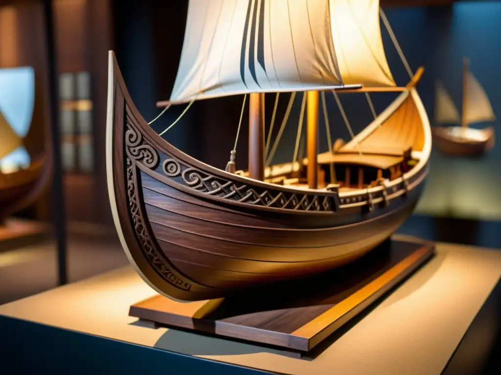 Detalle asombroso de un modelo de barco vikingo, exquisita artesanía y valor histórico en una atmósfera de museo iluminada