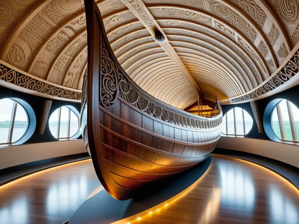 Detalle de Barco funerario de Oseberg vikingo en museo, resaltando su diseño ornamental y significado histórico