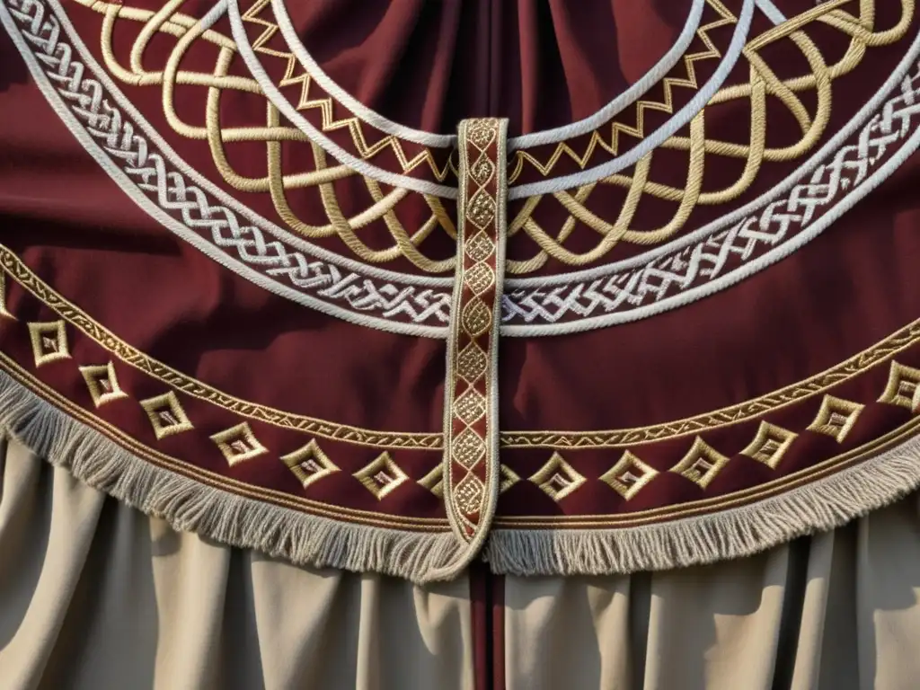 Detalle de bordado vikingo en manto de lana con patrones geométricos en tonos tierra