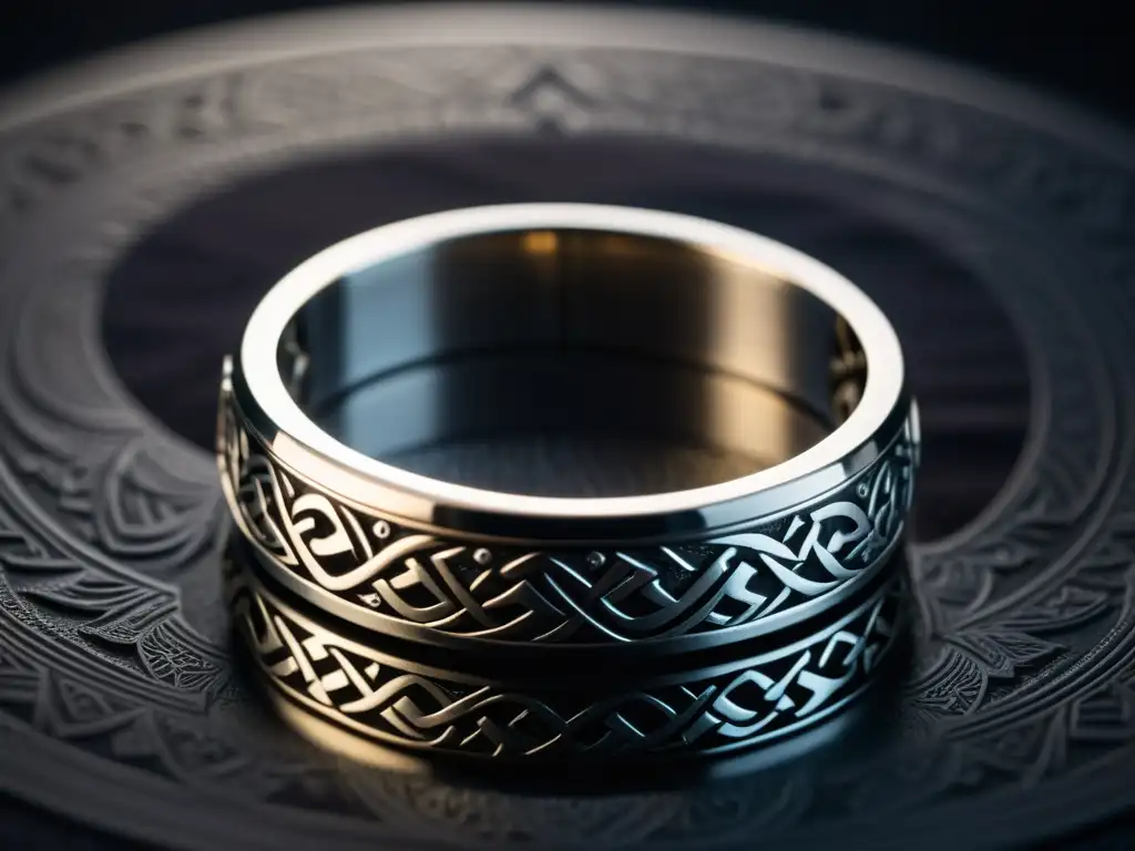 Detalle de brazalete plateado inspirado en vikingos, grabado con símbolos nórdicos sobre terciopelo oscuro