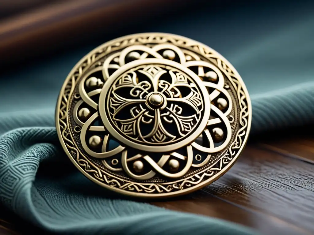 Detalle de broche vikingo auténtico con intrincados motivos de nudos y animales