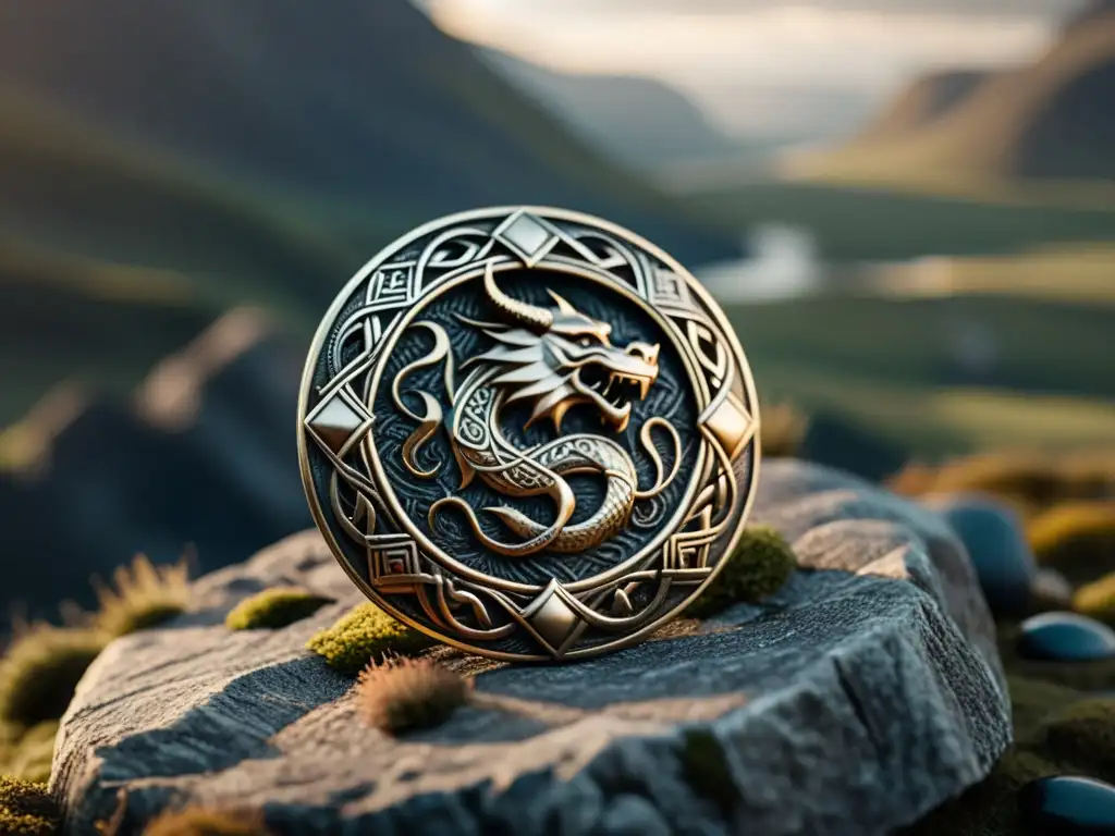 Detalle de broche vikingo con dragones y paisaje nórdico