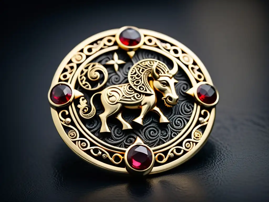 Detalle del broche vikingo: filigrana, motivos animales y gemas preciosas sobre fondo oscuro, evocando el misterio y el valor de las joyas vikingas