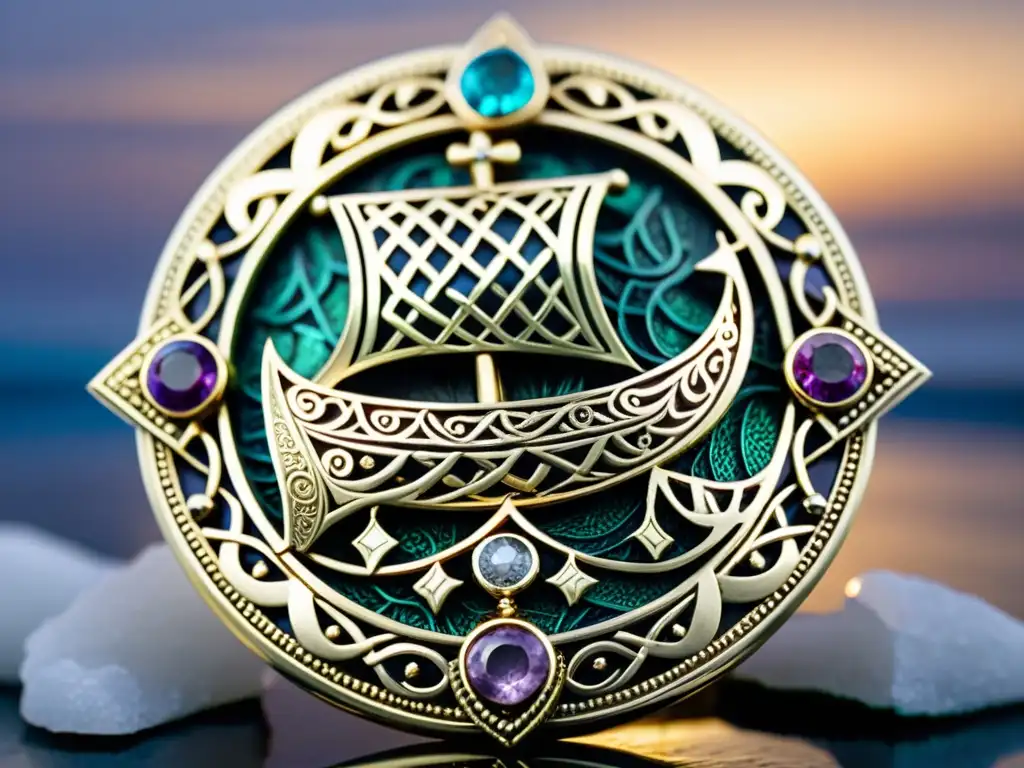 Detalle de broche vikingo en plata y oro, con motivos geométricos y animales entrelazados