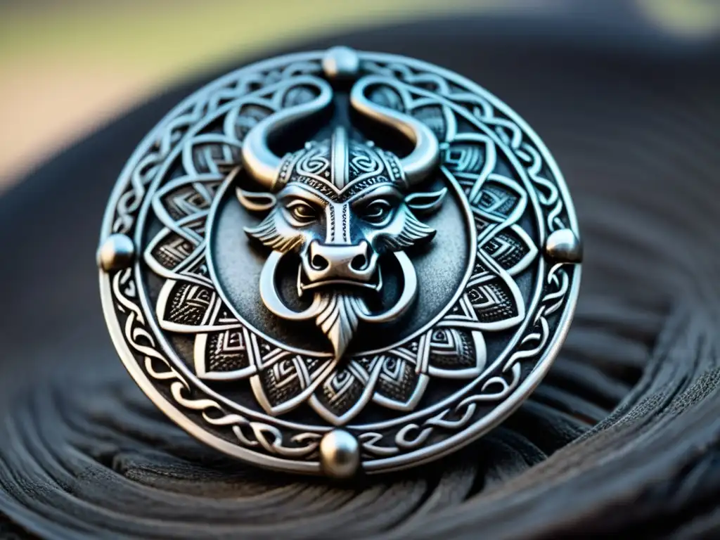 Detalle de broche vikingo de plata con diseño de dragón y runas nórdicas, reflejando los materiales usados en joyas vikingas