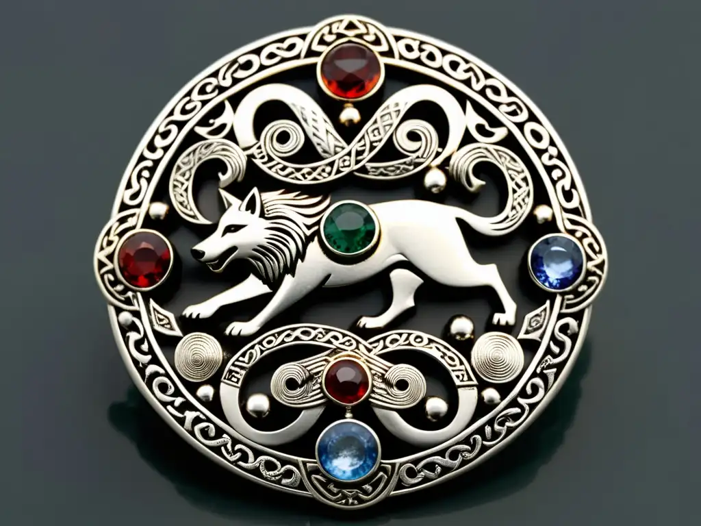 Detalle de broche vikingo de plata con motivos de lobos y serpientes, reflejando el significado oculto de la joyería vikinga