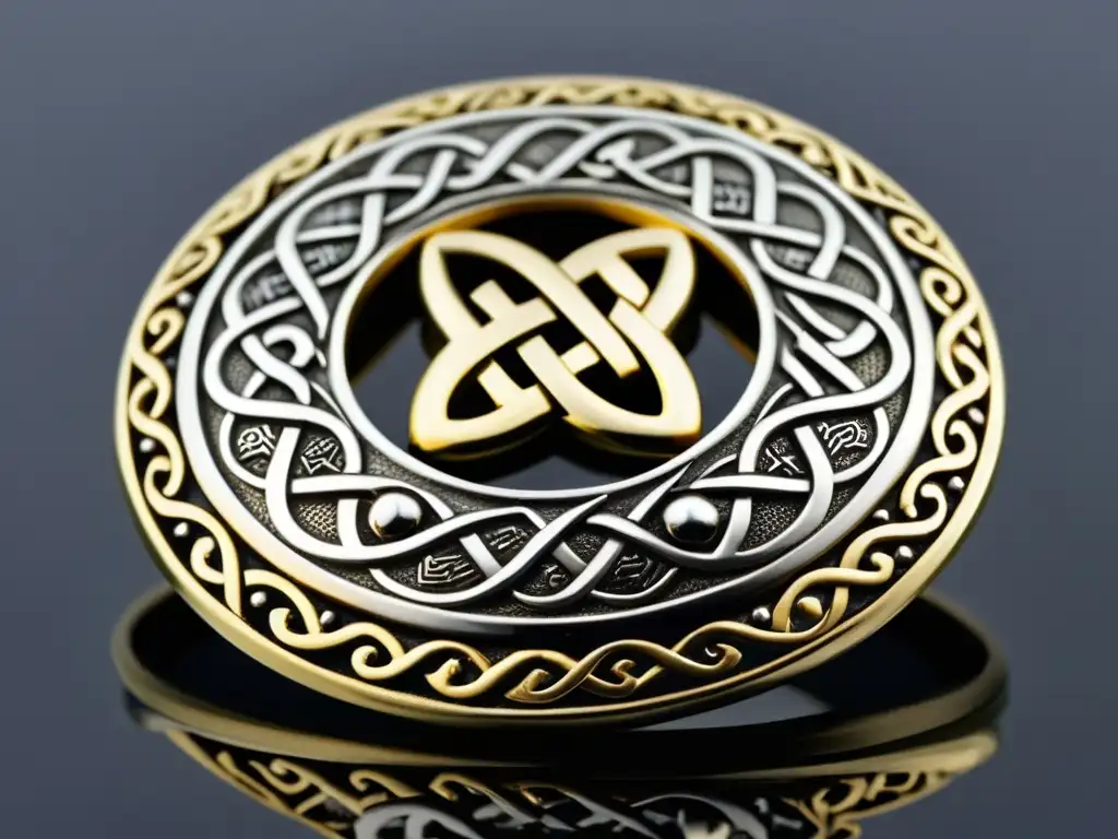 Detalle de broche vikingo de plata y oro con intrincados motivos de serpientes y runas, reflejando la joyería vikinga auténtica y significado