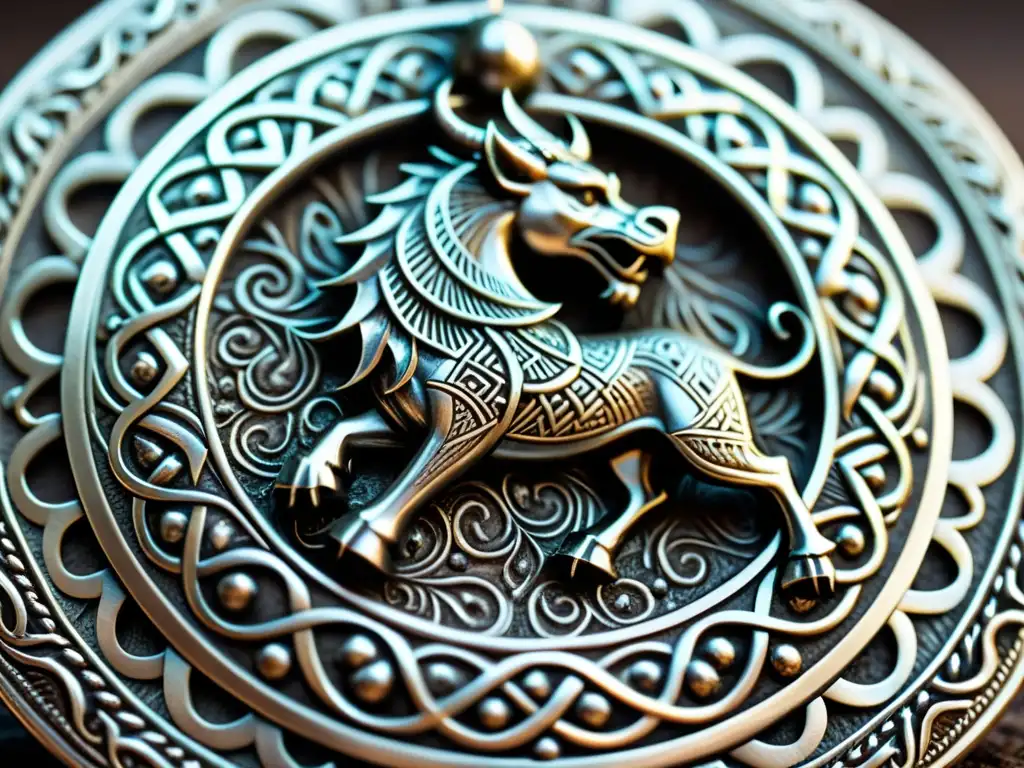 Detalle de broche vikingo de plata con intrincados motivos de animales entrelazados, reflejando la habilidad artesanal vikinga