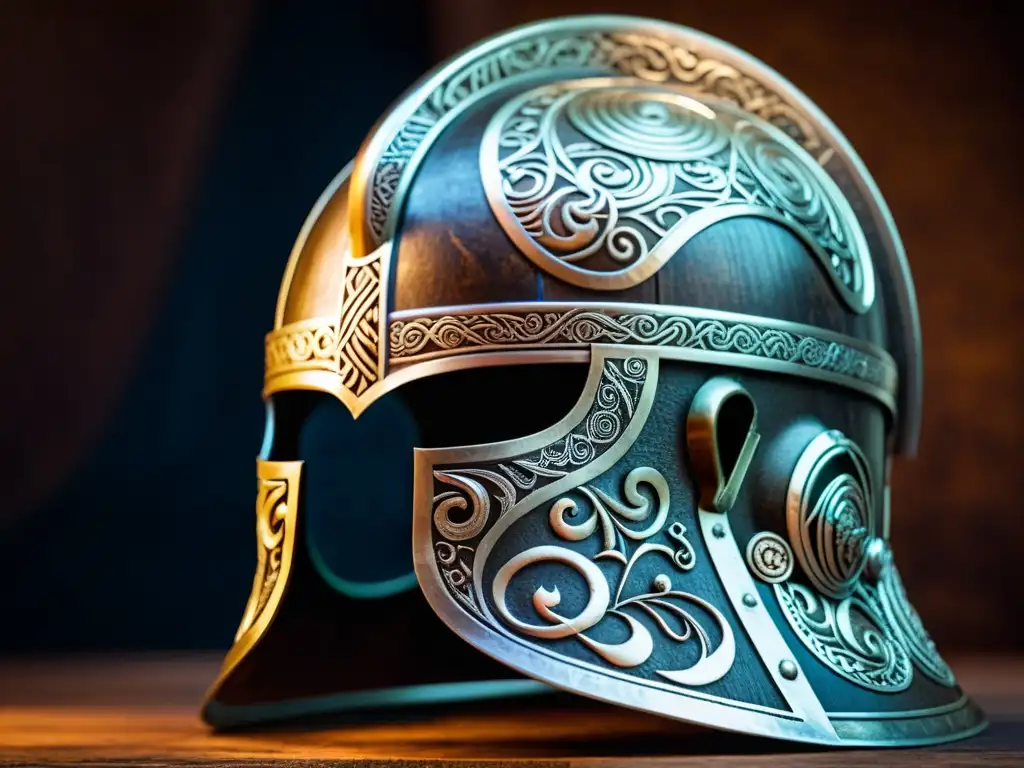 Detalle de un casco vikingo antiguo, con intrincados grabados en metal envejecido sobre fondo oscuro