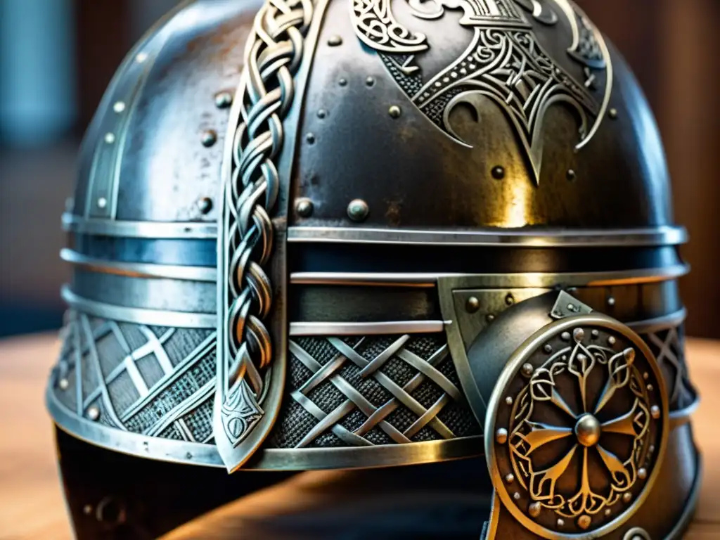 Detalle de casco vikingo envejecido, con intrincados motivos y signos de preservación artefactos era vikinga