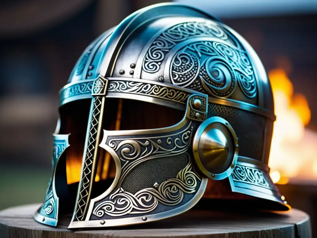 Detalle de réplica de casco vikingo de hierro, resaltando la autenticidad histórica y el diseño intrincado