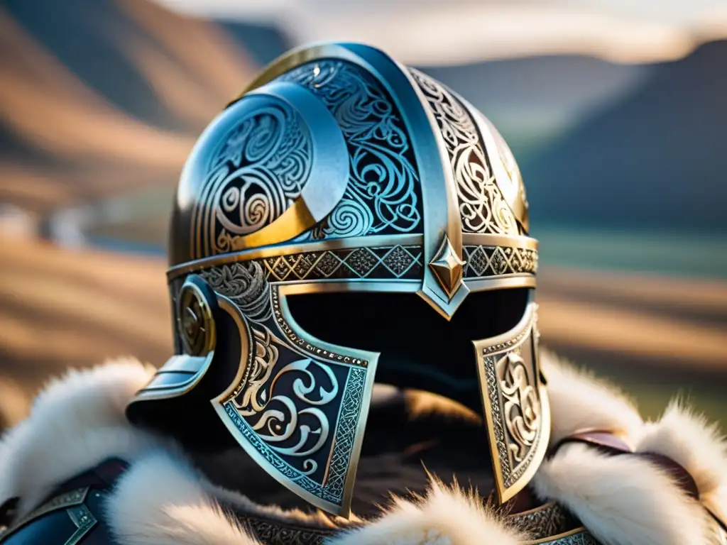 Detalle de casco vikingo con joyas en campo de batalla, revelando significado y tradición vikinga