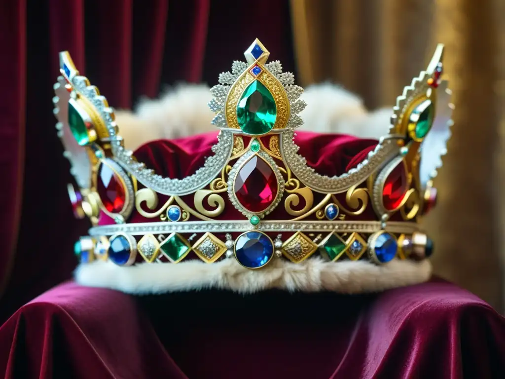 Corona vikinga de oro y gemas: detalle opulento Detalle de la corona real vikinga con adornos de oro y gemas, sobre cojín de terciopelo