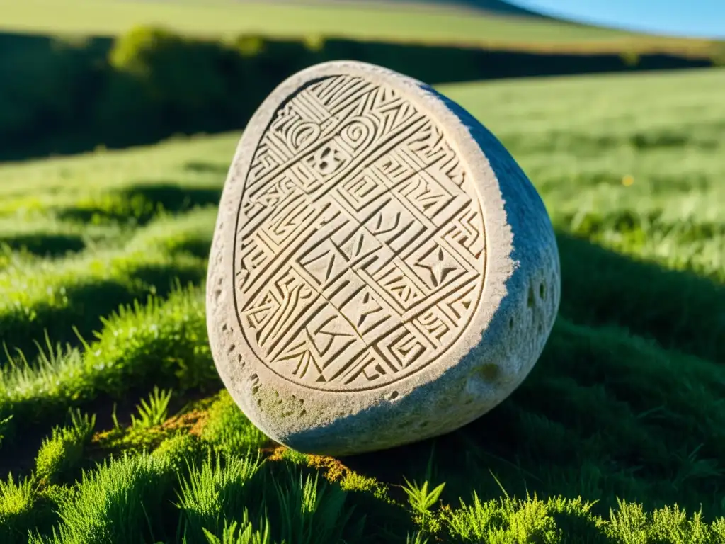 Detalle épico de una piedra rúnica vikinga en un campo verde, con sombras largas bajo el sol