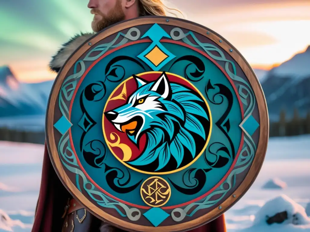 Escudo vikingo con símbolos de la mitología nórdica en paisaje épico Detalle de escudo vikingo con simbolismo nórdico en vibrante paleta de colores, en medio de una escena de batalla