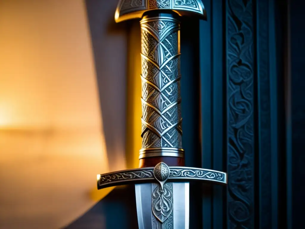 Espada vikinga de acero damasquinado: arte ancestral Detalle de una espada vikinga de acero de Damasco, con empuñadura adornada con motivos de la mitología nórdica