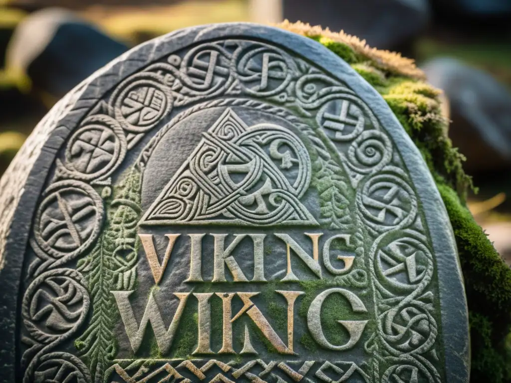 Runa vikinga: intrincadas carvings y misteriosa historia Detalle de estela rúnica vikinga con símbolos antiguos y escenas históricas, envejecida y cubierta de musgo, evocando misterio y historia