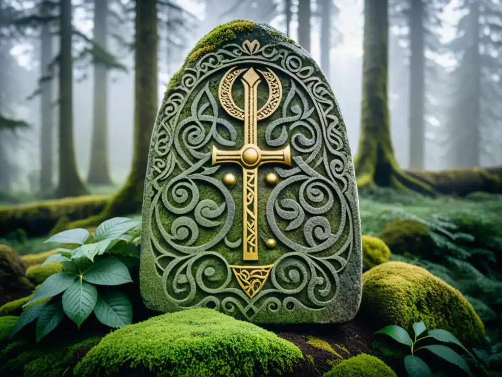 Runa Vikinga de la Diosa Eir en Bosque Escandinavo Detalle de una estela rúnica vikinga de la diosa Eir en un bosque nórdico