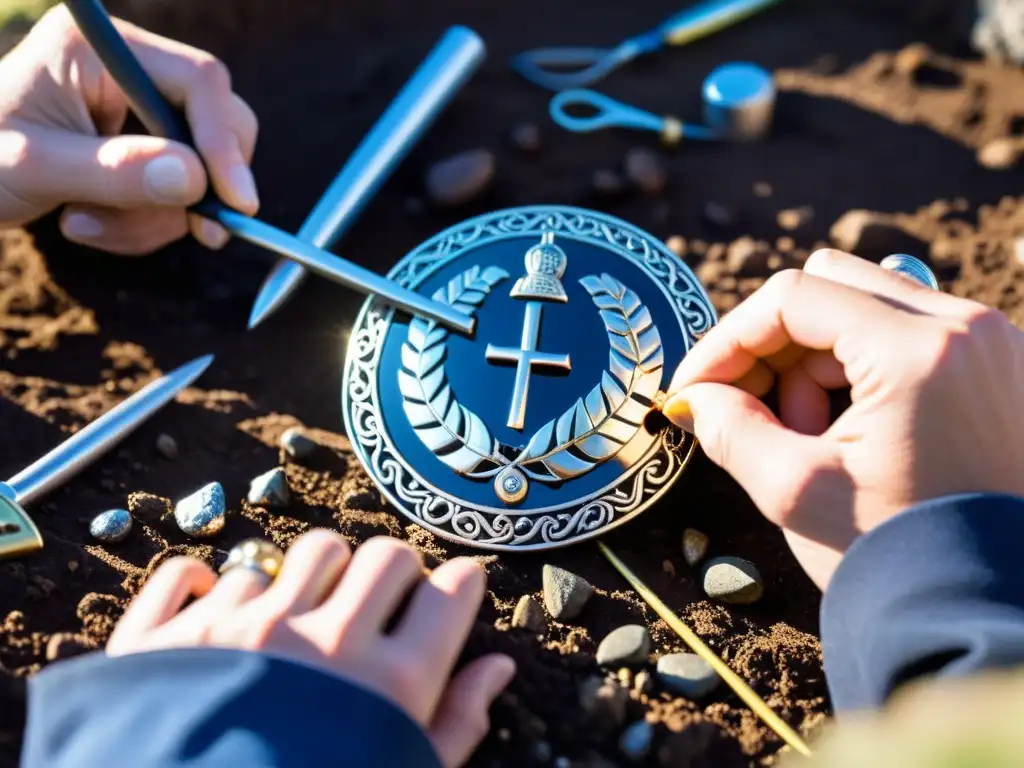 Detalle de excavación arqueológica en Escandinavia, resaltando broche de plata vikinga