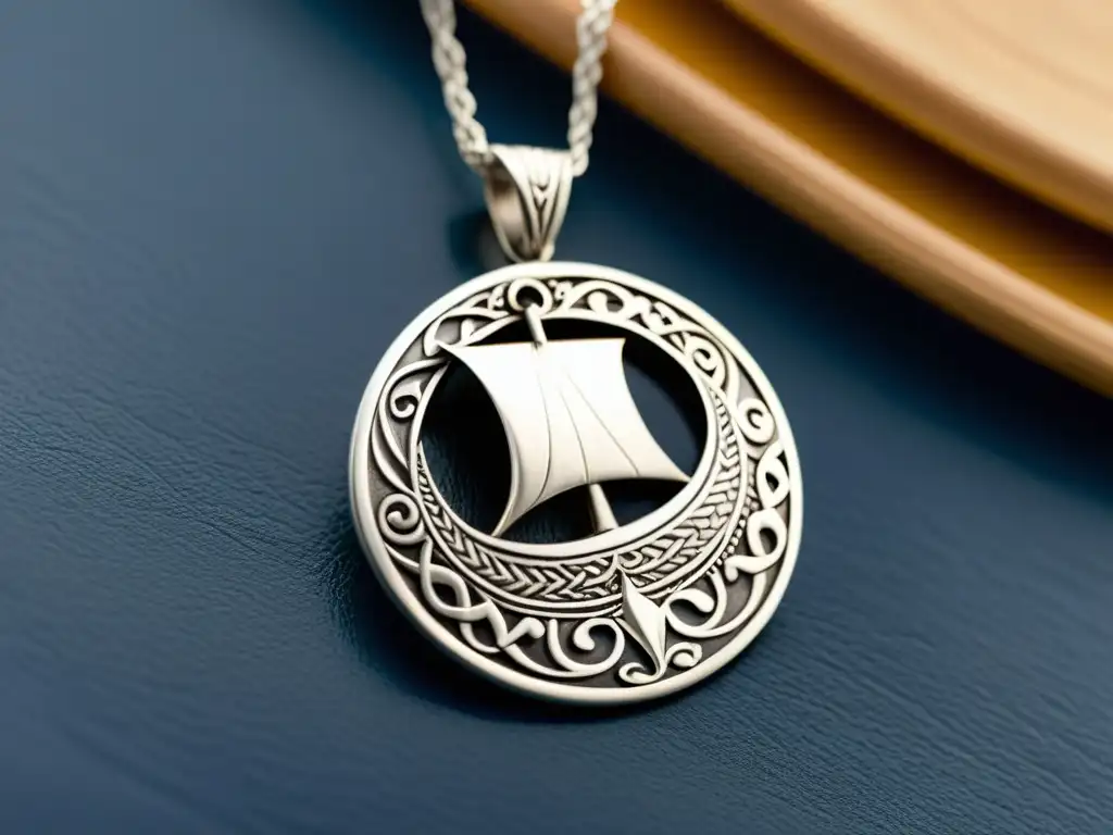 Detalle excepcional de un colgante de plata en forma de barco vikingo, mostrando la herencia vikinga en joyas contemporáneas