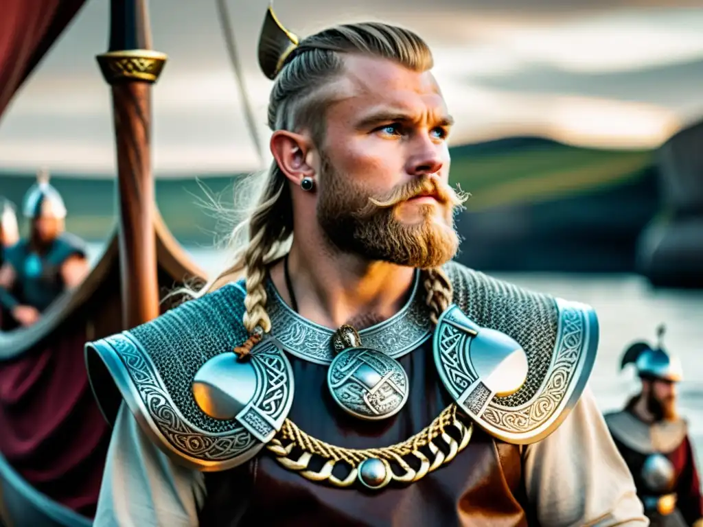 Detalle del guerrero vikingo con adornos de significado en moda vikinga