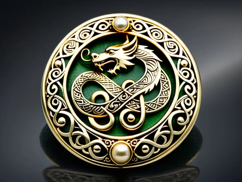 Detalle impresionante de un broche vikingo con motivos de dragones y serpientes entrelazados, mostrando la maestría en joyería vikinga