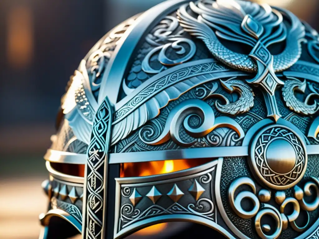 Detalle impresionante del casco vikingo de un líder, con dragones y patrones intrincados