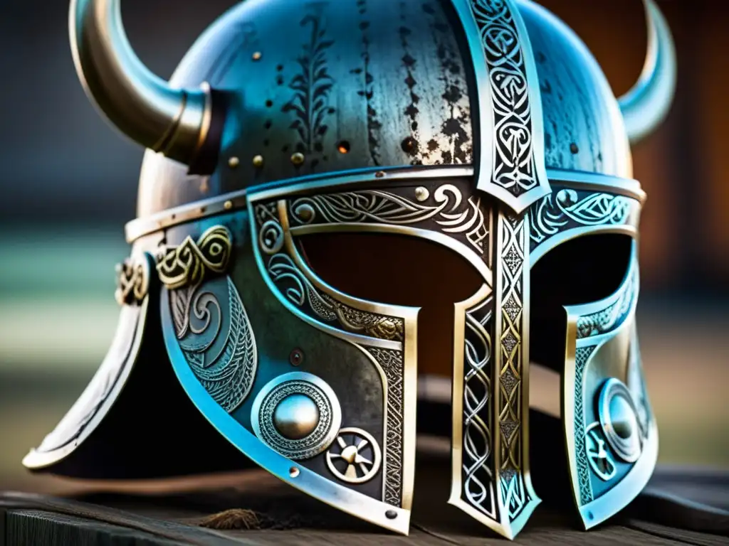 Detalle impresionante de un casco vikingo con cuernos amenazantes y grabados intrincados, resaltando el contraste vestimentas sociedad vikinga