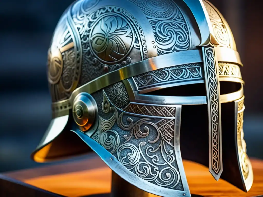 Detalle impresionante del casco vikingo, evocando fuerza y protección