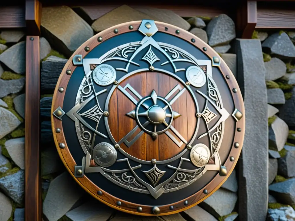 Detalle impresionante de un escudo vikingo decorativo de alta calidad en una pared de piedra