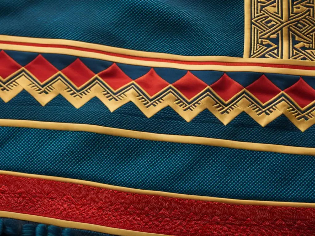 Detalle impresionante de un fragmento de tejido vikingo con patrones geométricos en rojo, azul y dorado