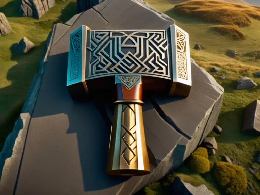 Detalle impresionante del martillo de Thor, Mjölnir, en paisaje nórdico