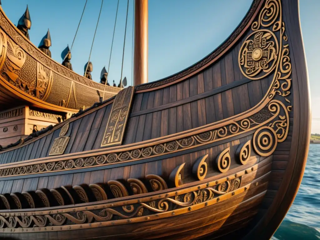 Detalle impresionante de las tallas y madera del Barco de Oseberg, resaltando similitudes con la Barca Solar