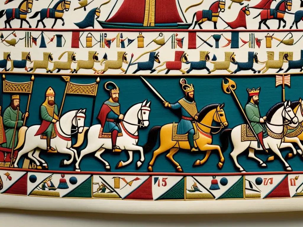 Detalle impresionante del Tapiz de Bayeux, resaltando escenas de la conquista normanda de Inglaterra en 1066