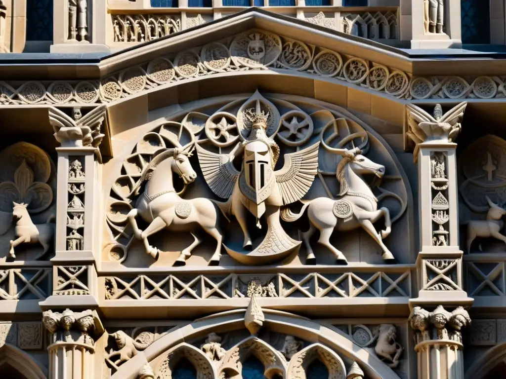 Detalle intrincado de la fachada de catedral medieval fusionando influencias vikingas y europeas