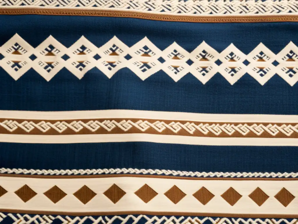 Detalle intrincado de textil vikingo en tonos tierra y azul