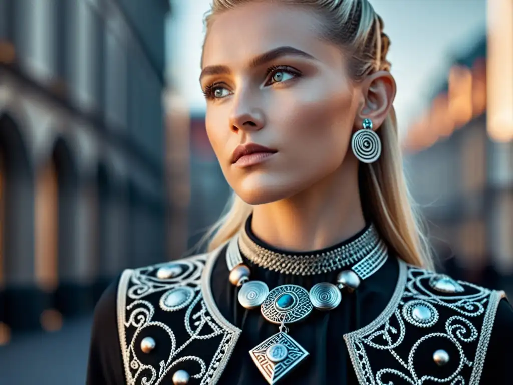 Detalle de joyas vikingas para estilo moderno en un atuendo elegante en entorno urbano