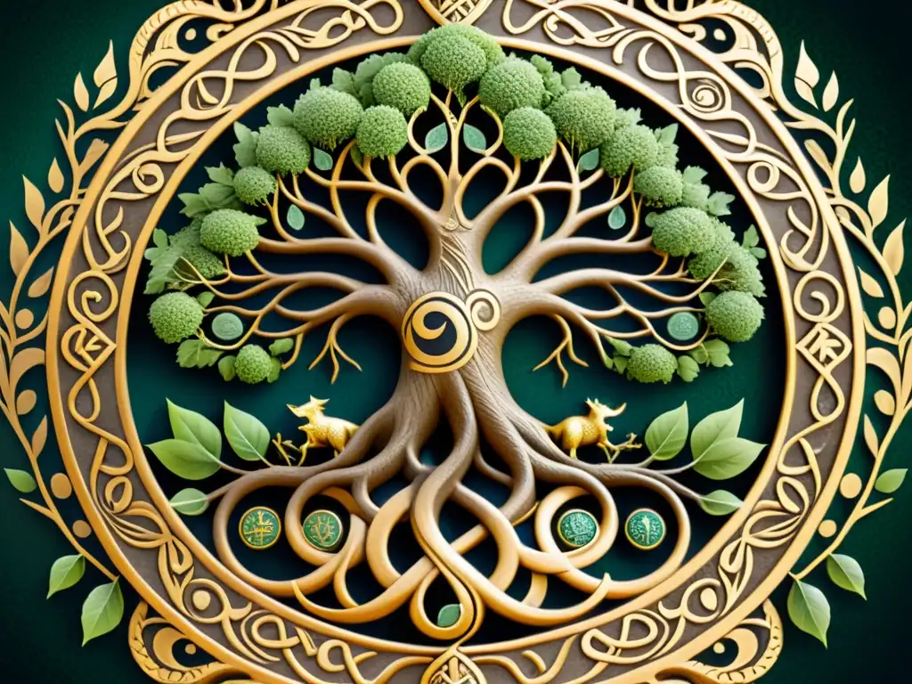 Detalle mágico de Yggdrasil, el Árbol del Mundo nórdico, con criaturas y runas, en un paisaje místico