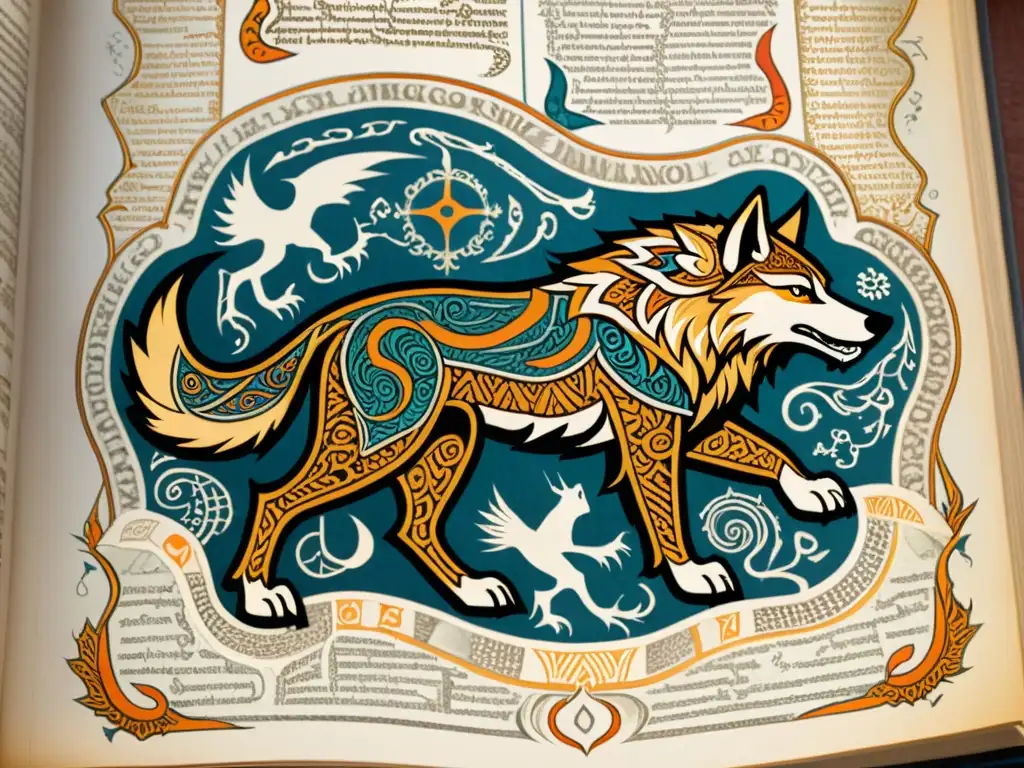 Detalle de manuscrito nórdico con criaturas míticas como el lobo Fenrir, dragones y gigantes