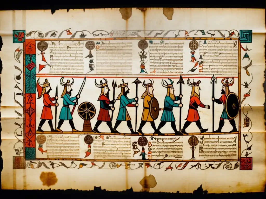 Manuscrito vikingo: runas e ilustraciones en detalle Detalle del manuscrito vikingo bajo luz tenue, revelando la importancia de los manuscritos de la era vikinga