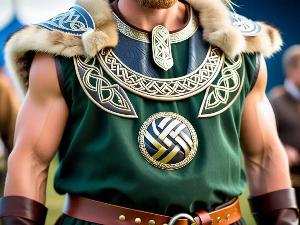 Detalle minucioso del traje vikingo artesanal con bordados, cuero y metal