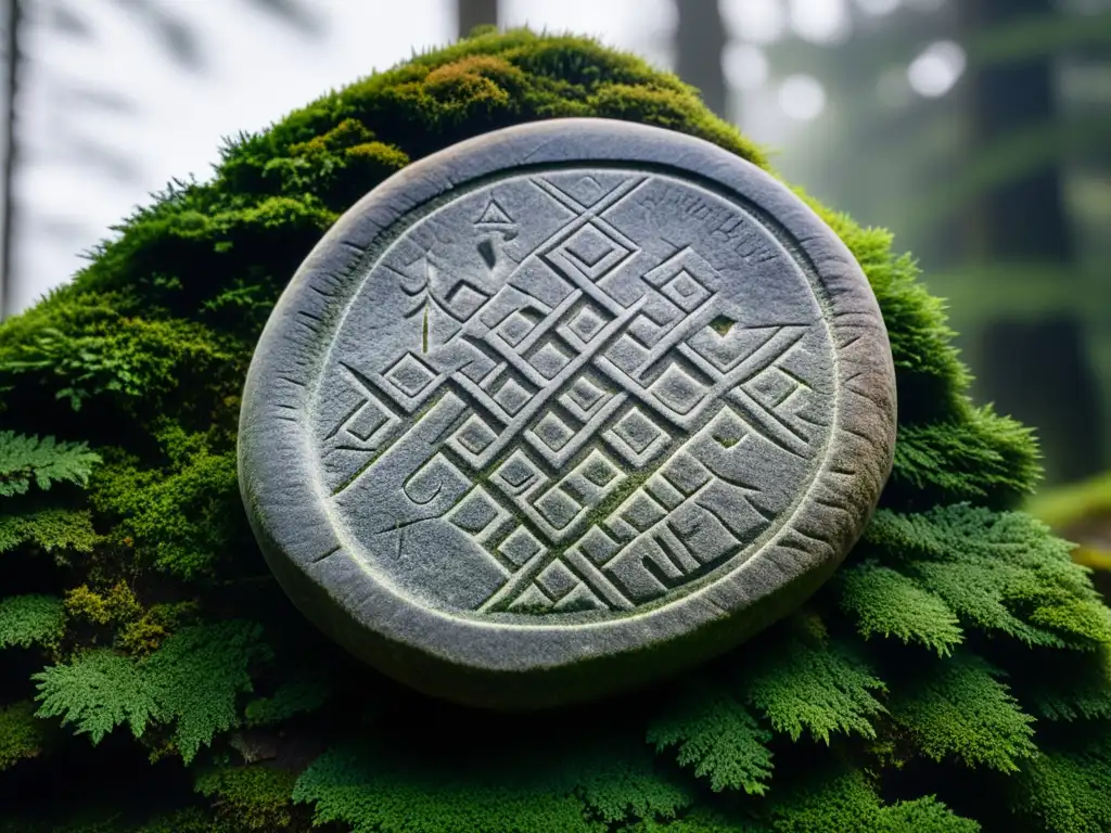 Detalle místico de la runa Ansuz en la magia vikinga, tallada en piedra cubierta de musgo, iluminada por la luz natural del bosque