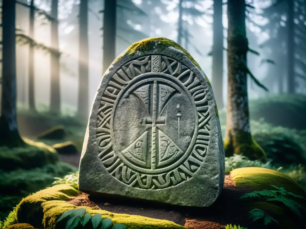 Misteriosa runa vikinga: Gebo en un bosque encantado Detalle místico de una runa vikinga Gebo en piedra antigua, en un bosque neblinoso